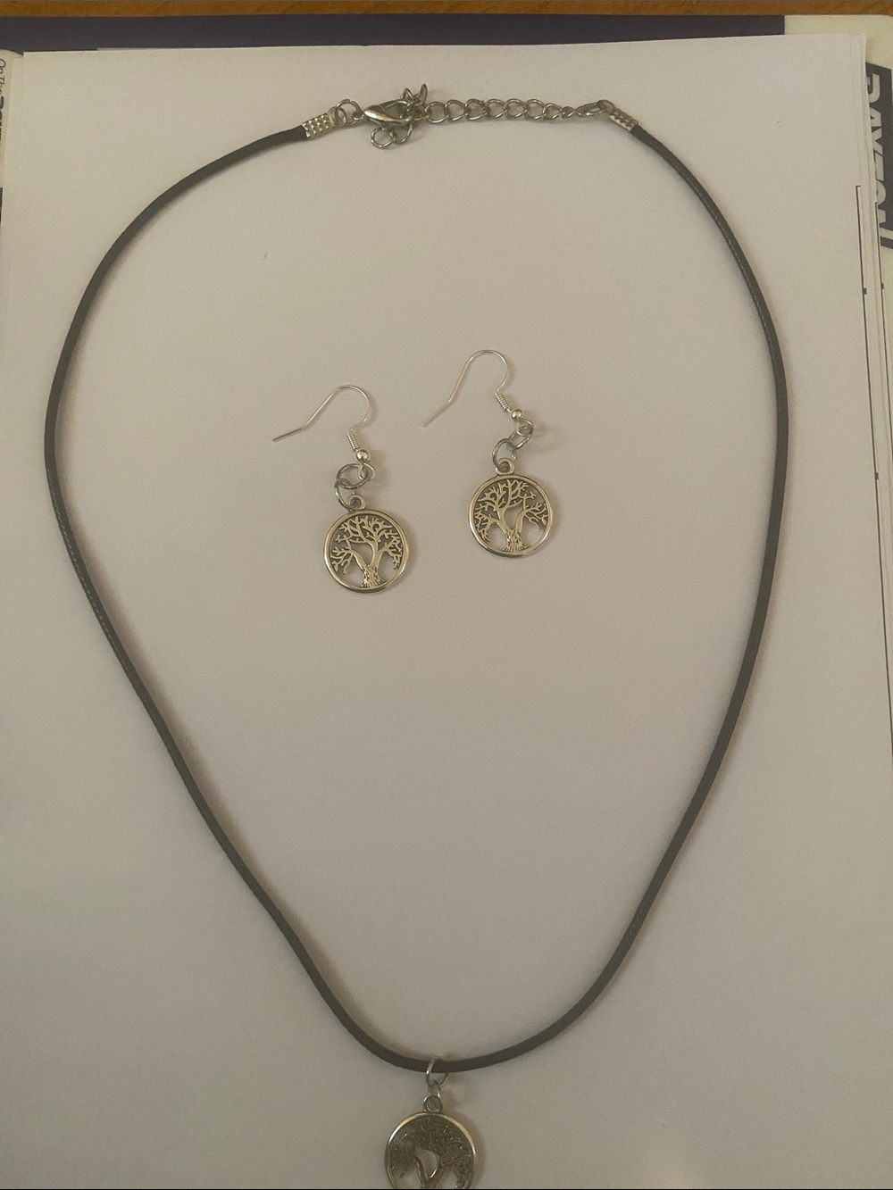 Hand Crafted Black Cord Tree of Life Necklace with Silver Charms